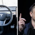 Bildkollage. Vänster: Tesla Model Y. Höger: Elon Musk talar om SpaceX under Satellite Conference i Washington D.C. den 9 mars 2020.