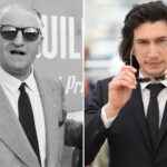 Till vänster: Enzo Ferrari på Italiens Grand Prix 1956. Till höger: Adam Driver, som ska spela bilchefen i den nya filmen ”Ferrari”.
