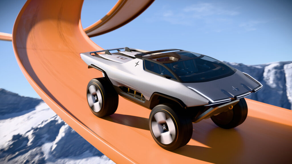 Hot Wheels Polestar TRX snett framifrån.