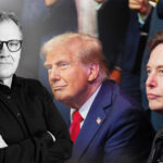 Alrik infälld på en bild med Elon Musk och Donald Trump.