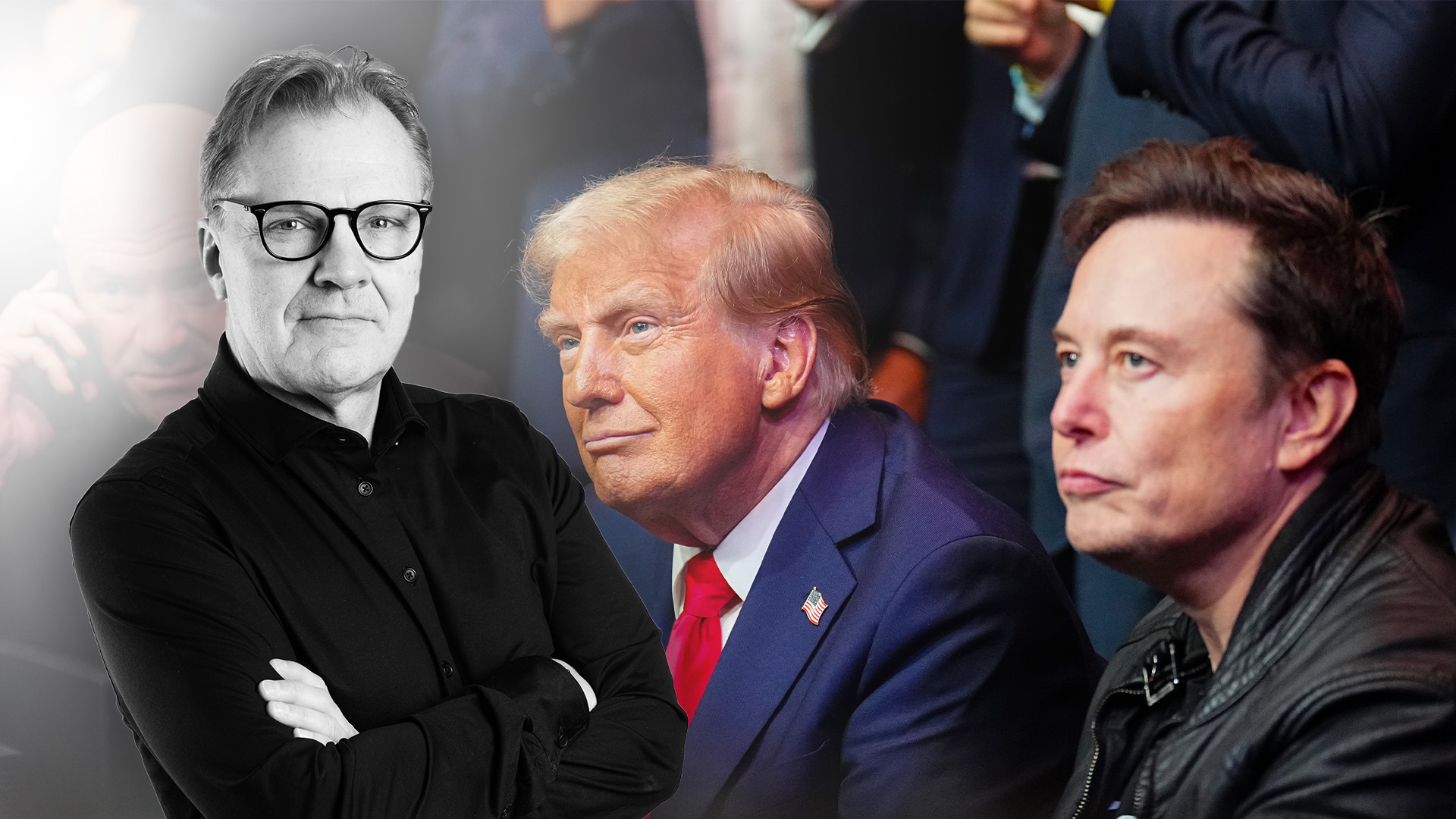 Alrik infälld på en bild med Elon Musk och Donald Trump.