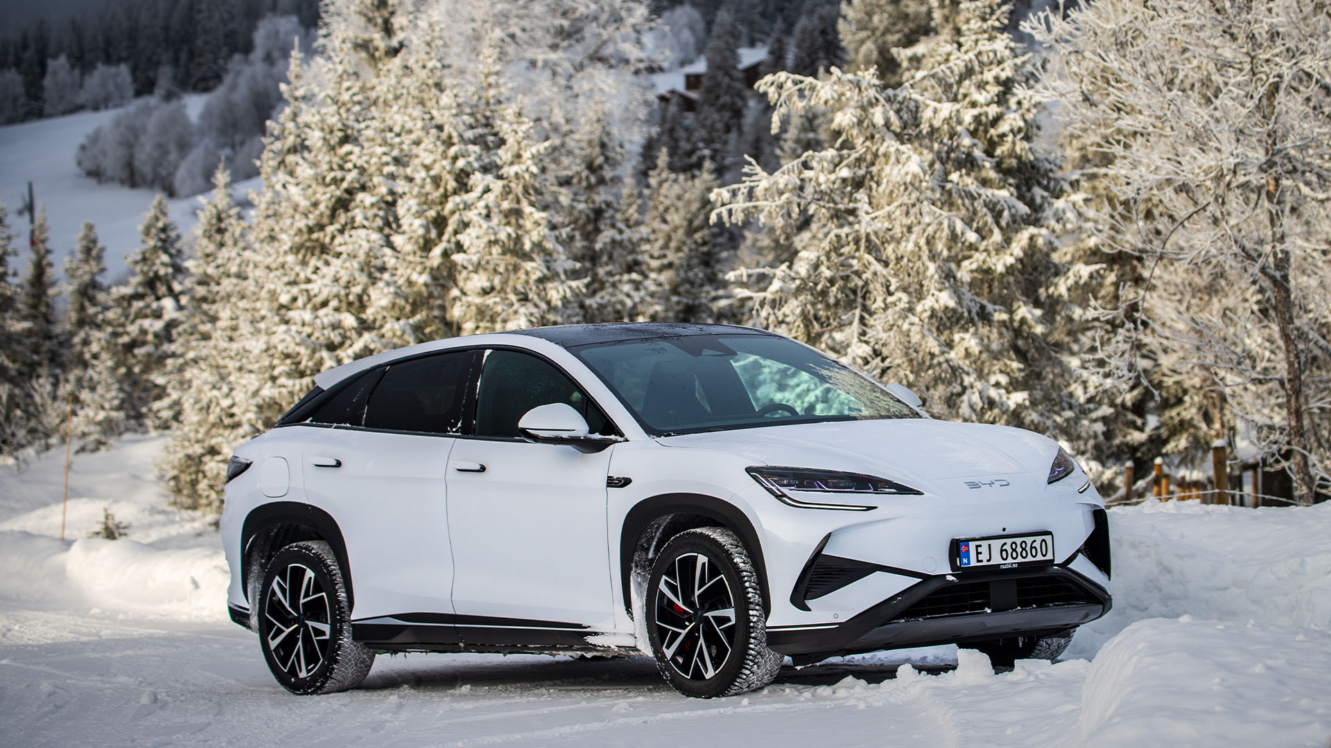 BYD SEALION 7 fotad snett framifrån med snöig skog i bakgrunden.