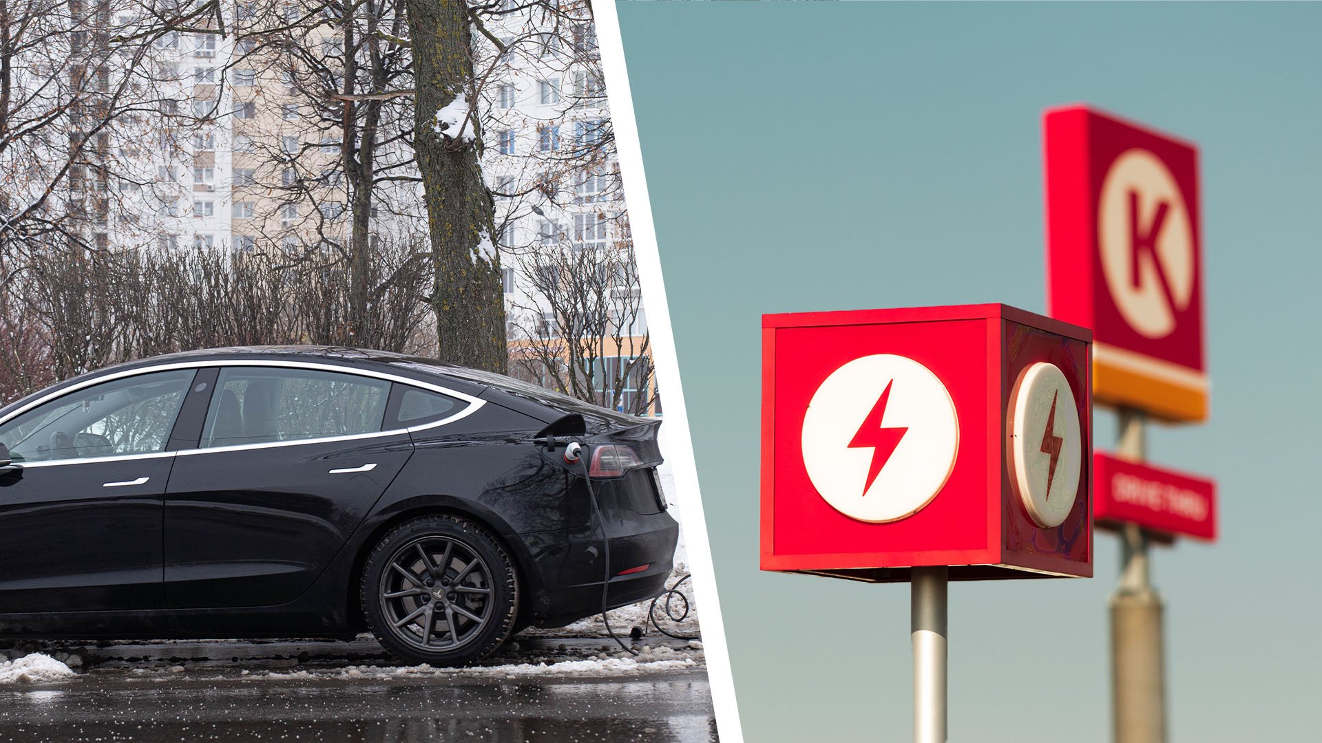 Bildkollage med Tesla Model 3 som laddar och Circle K-skyltar till nya laddmacken.