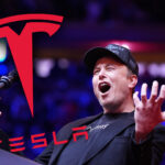 Bild på Elon Musk med Tesla-loggan infälld.