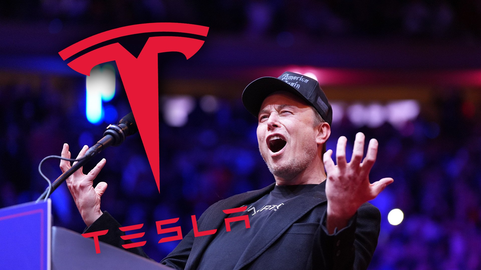Bild på Elon Musk med Tesla-loggan infälld.