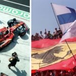 En Ferrari-bil lämnar depån medan en kameraman filmar. Vid sidan syns en stor finsk flagga vajande över en Ferrari-banner bland fans på läktaren.