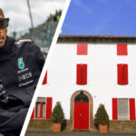 Lewis Hamilton infälld till vänster på en bild på Enzo Ferraris hus.