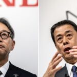 Toshihiro Mibe, VD för Honda, och Makoto Uchida, VD för Nissan, fotograferade separat vid företagens respektive presskonferenser, relaterade till pausade fusionsförhandlingar. Foto: Philip Fong / Getty Images.
