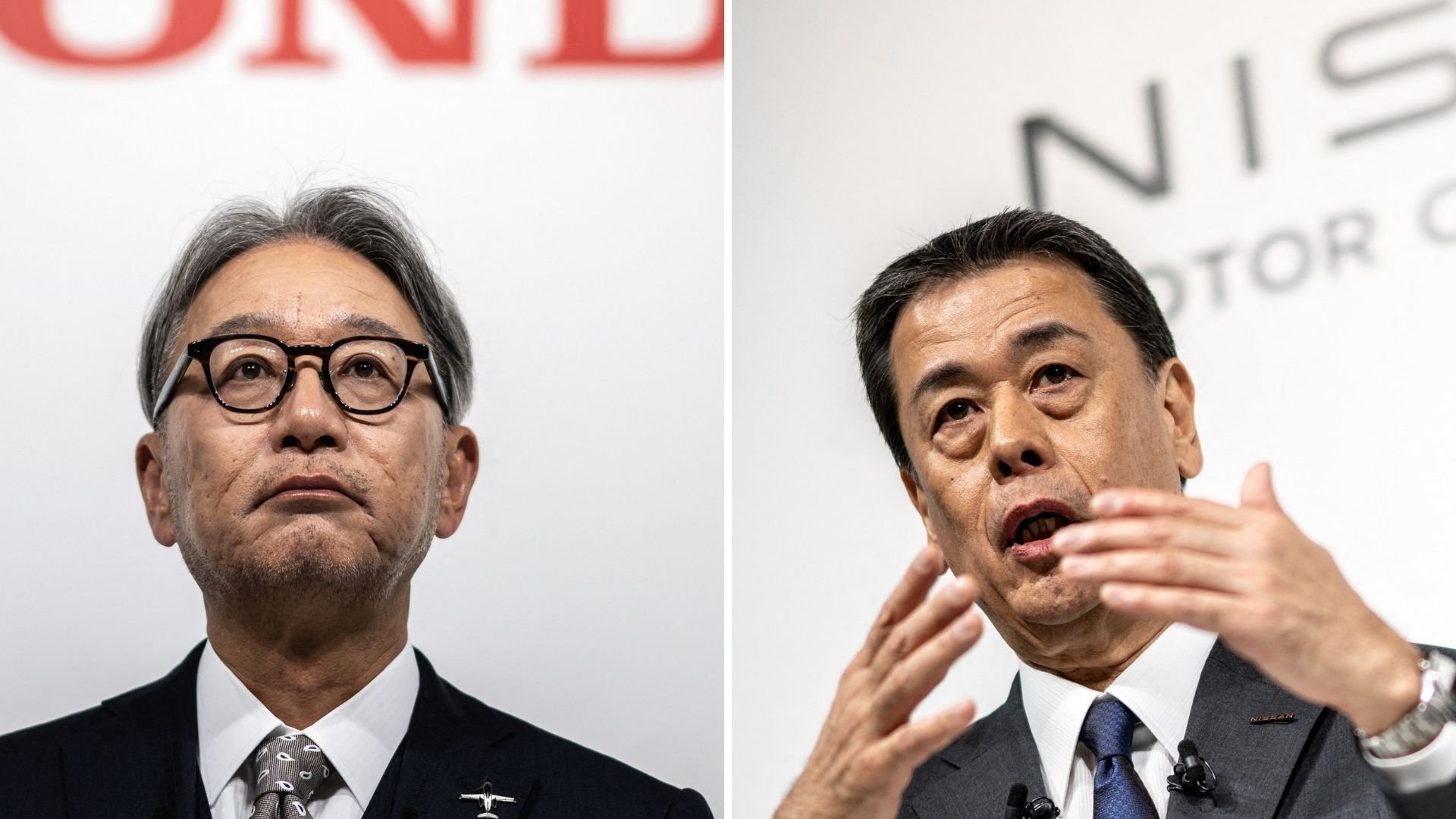 Toshihiro Mibe, VD för Honda, och Makoto Uchida, VD för Nissan, fotograferade separat vid företagens respektive presskonferenser, relaterade till pausade fusionsförhandlingar. Foto: Philip Fong / Getty Images.