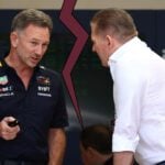 Christian Horner och Jos Verstappen i en spänd konversation, med en spricka mellan dem som symboliserar den interna konflikten inom Red Bull.