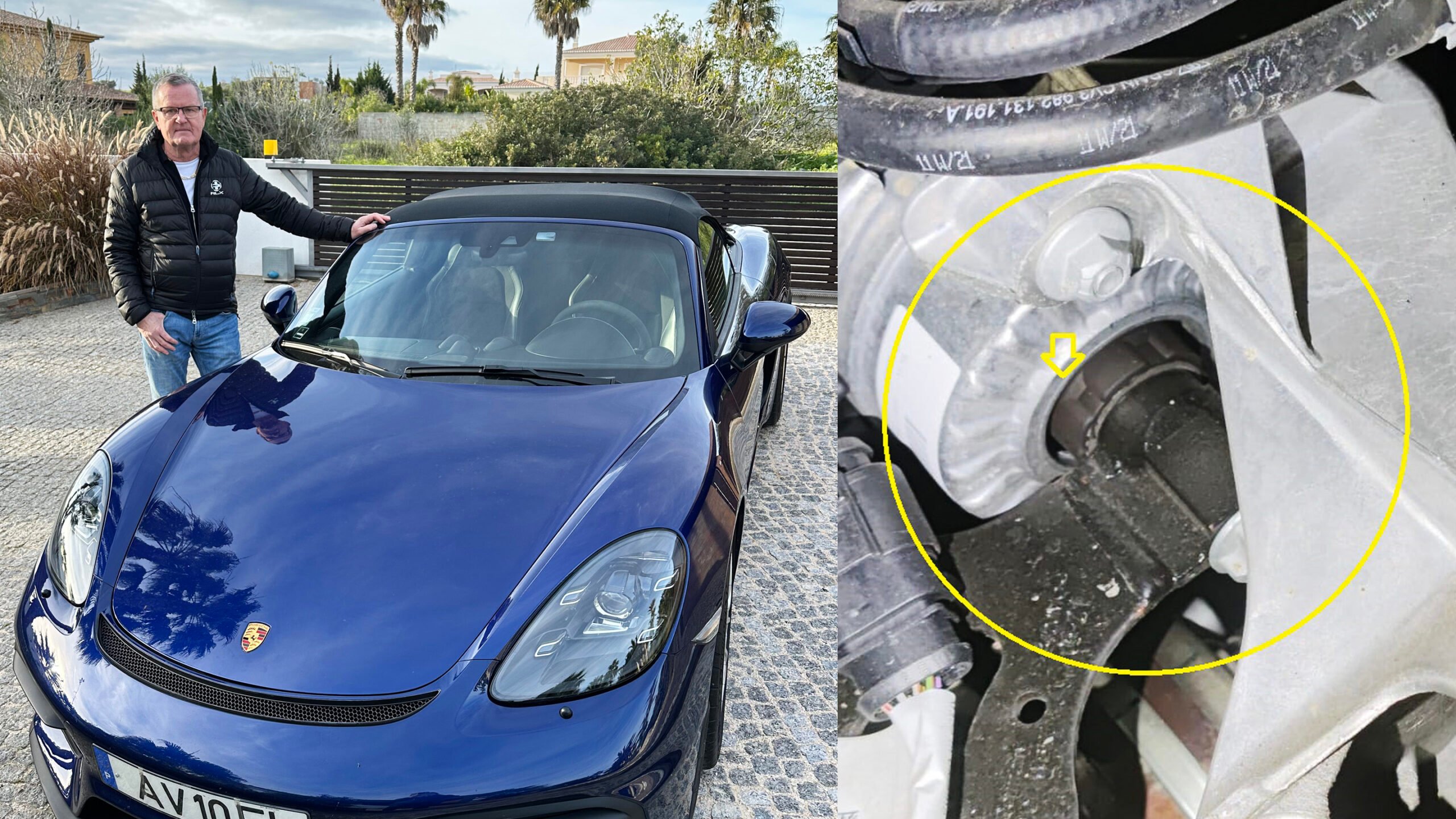 Kent Ove Bovellan med blå Porsche plus detaljbild av motorfäste.