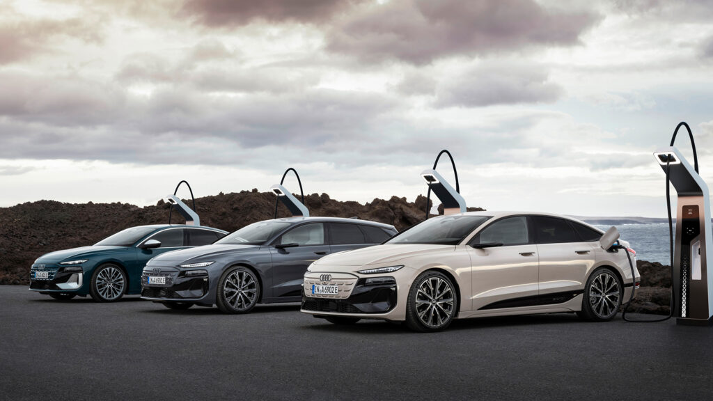 Tre A6 e-tron som laddar