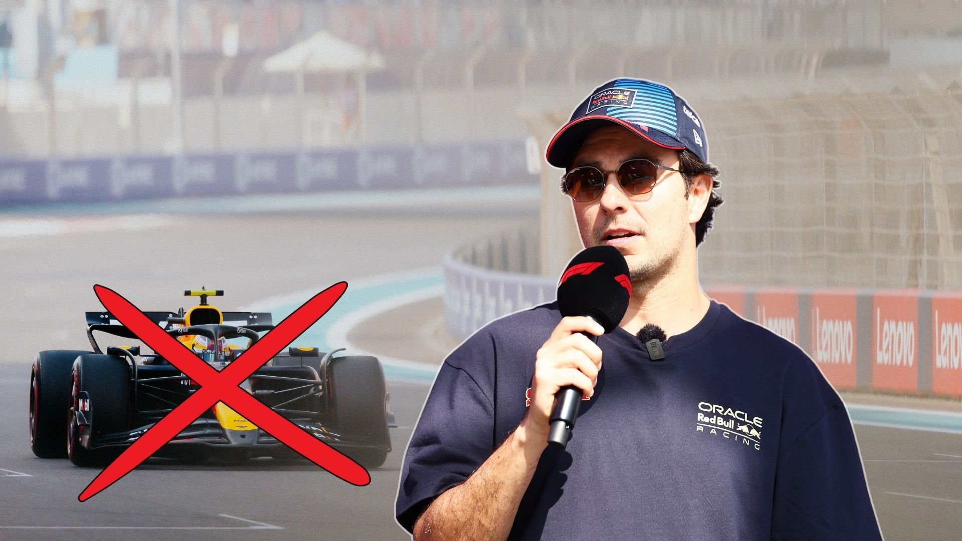 Sergio Perez talar i mikrofonen efter att ha lämnat Red Bull Racing. En Red Bull-bil med ett rött kryss symboliserar hans avsked från teamet.