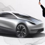 Kollage: Illustration av Teslas billiga elbil och Elon Musk som hoppar