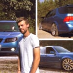 Kollage med bilder på den trimmade Saab 9-5:an tillsammmans med ägaren.