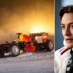 George Russell under en presskonferens jämte en Red Bull-bil som kör på is, symboliserande vinterkörning och utmaningar på frusna underlag.