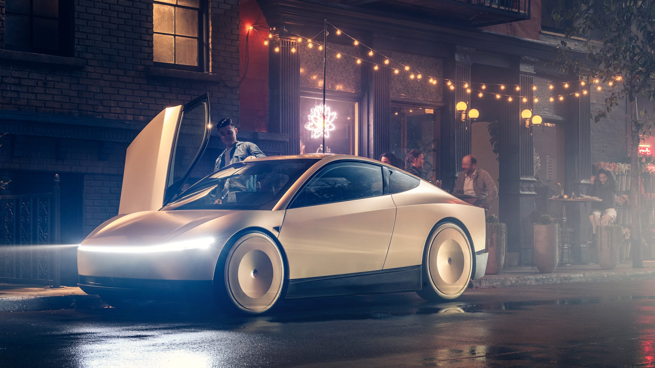 Man kliver in i en Tesla Robotaxi utanför en krog.
