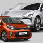 Röd Kia Picanto och silverfärgad Polestar 4.