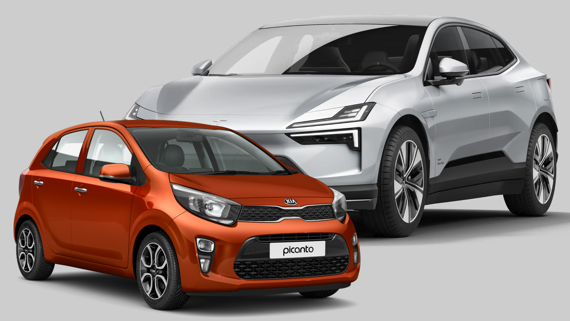 Röd Kia Picanto och silverfärgad Polestar 4.