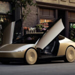 Tesla Cybercab står parkerad vid trottoar med saxdörrarna öppna.