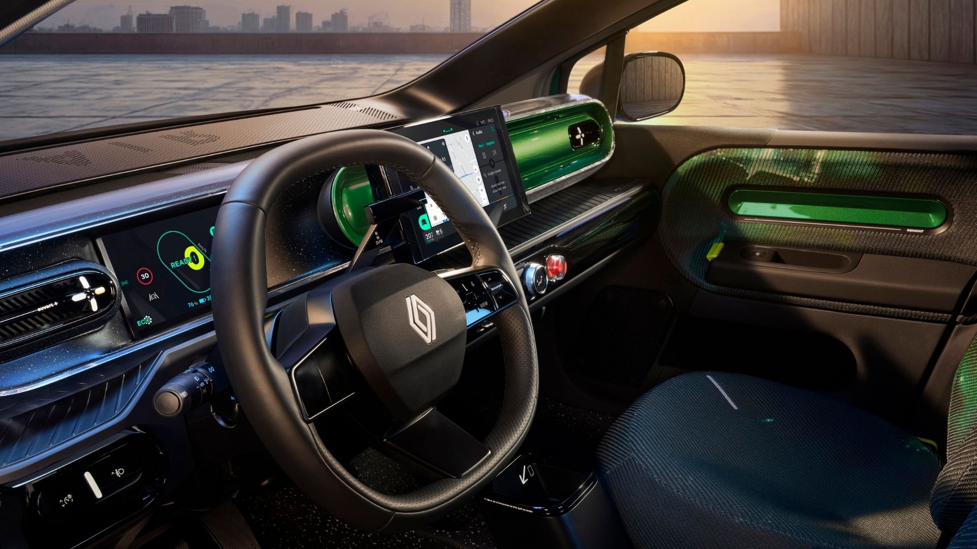 Interiören i Renault Twingo E-Tech med en horisontell instrumentpanel, två digitala skärmar och hållbara material som återvunnet korkgolv.