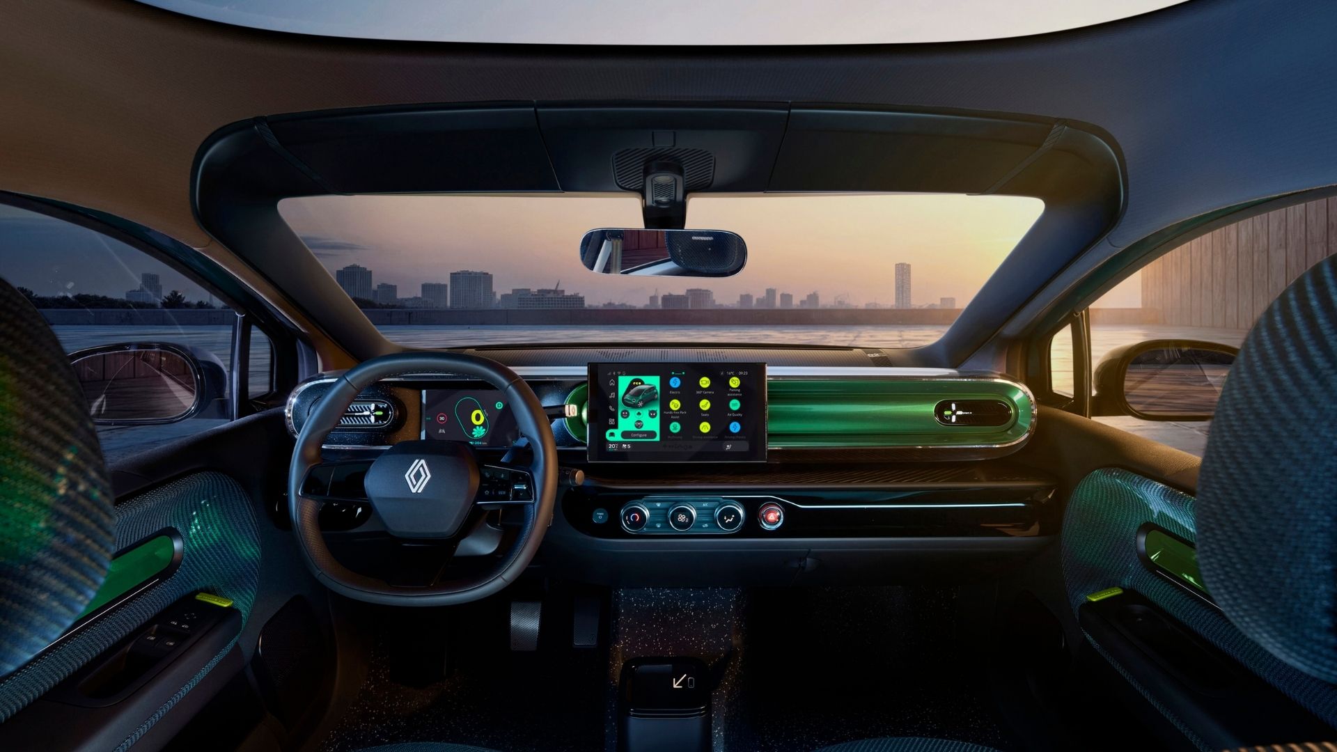 Renault Twingo E-Tech interiör med horisontell instrumentpanel, två digitala skärmar och panoramautsikt genom vindrutan.