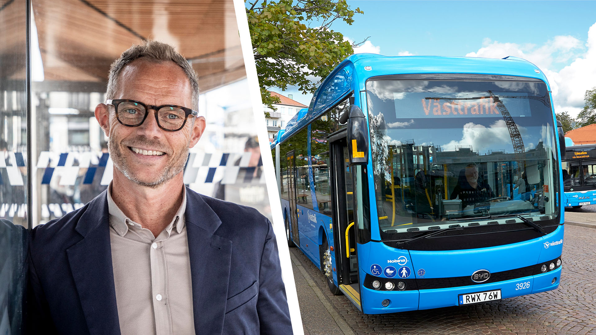 Västtrafiks vd Lars Backström och en buss infälld till höger.